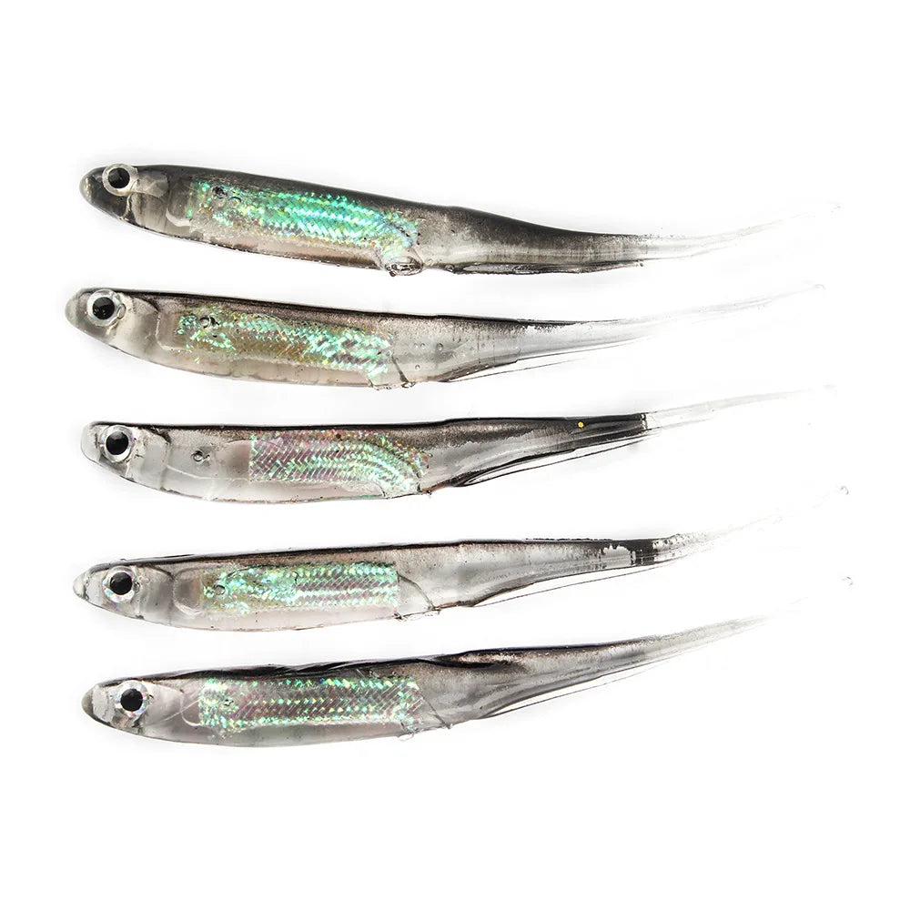 5Pcs/lot Fishing Soft Bait 7CM 7.5CM 1.7G 2.3G 2.7G T Tail fish Fishing Lures Rainbow Color Sequin Swing Fishing Spinner Bait