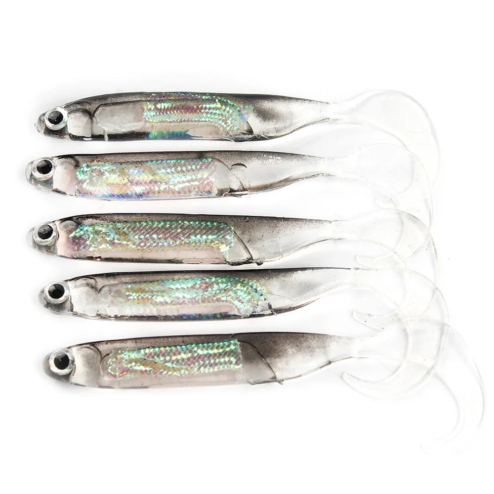 5Pcs/lot Fishing Soft Bait 7CM 7.5CM 1.7G 2.3G 2.7G T Tail fish Fishing Lures Rainbow Color Sequin Swing Fishing Spinner Bait