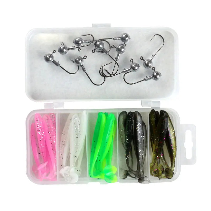 25 Pcs Lure Boxed Soft Bait Perch Warbler Fish Bait Soft Worms Threaded Curly Tail Maggot Bionic Bait Fake Baits Lead Head Hooks