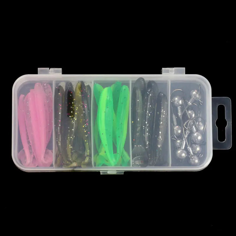 25 Pcs Lure Boxed Soft Bait Perch Warbler Fish Bait Soft Worms Threaded Curly Tail Maggot Bionic Bait Fake Baits Lead Head Hooks