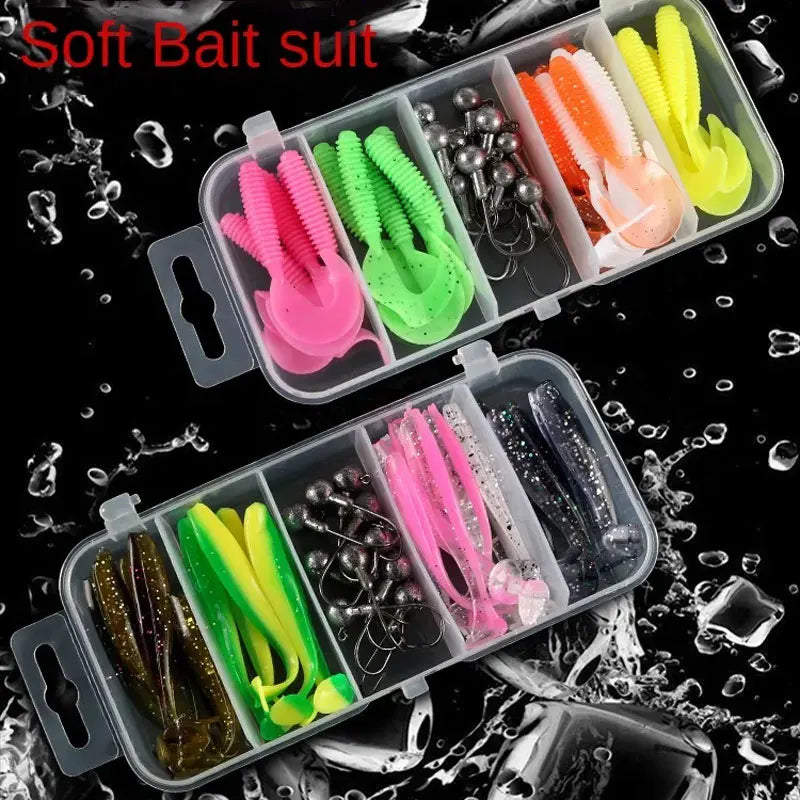 25 Pcs Lure Boxed Soft Bait Perch Warbler Fish Bait Soft Worms Threaded Curly Tail Maggot Bionic Bait Fake Baits Lead Head Hooks