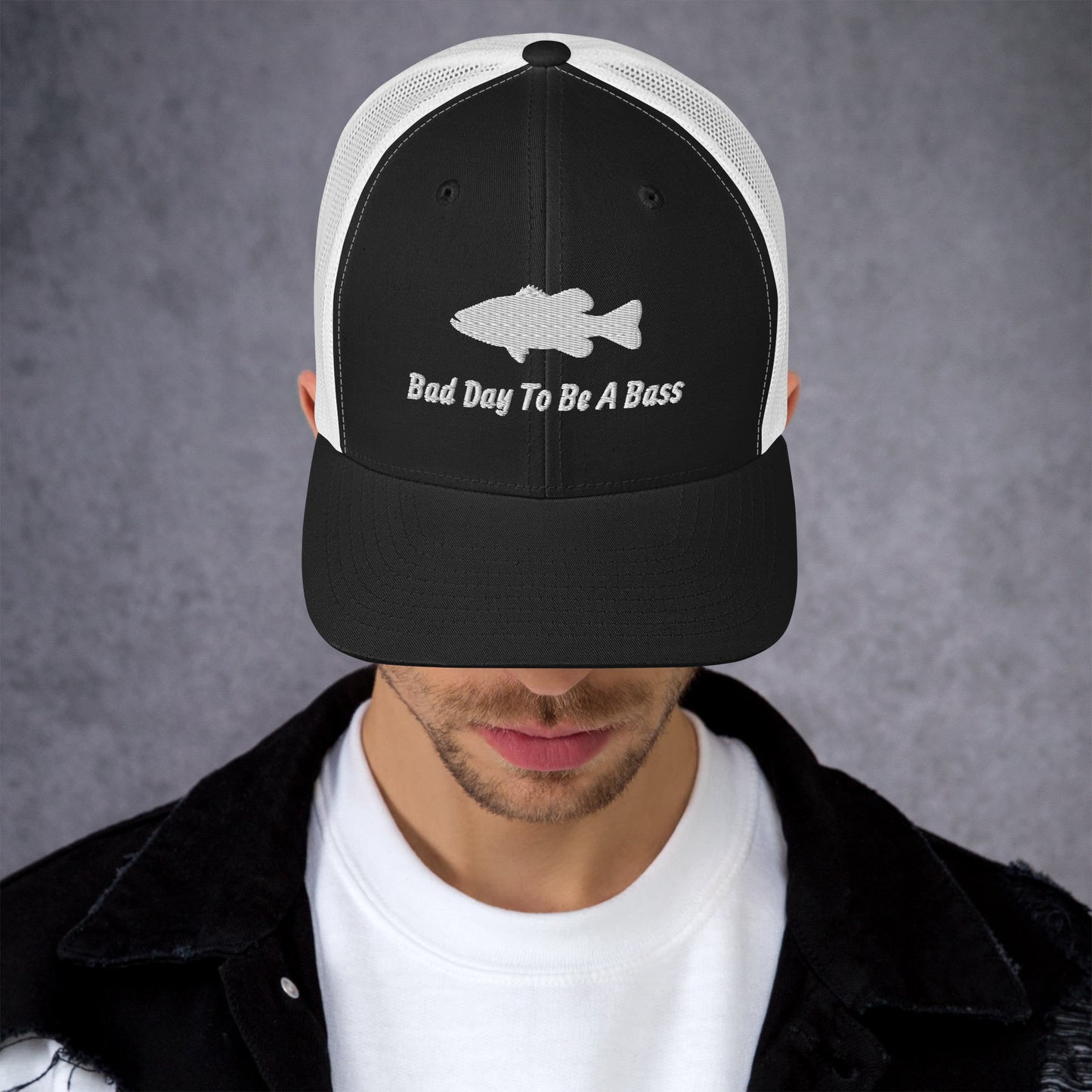 Bad Day To Be A Bass Trucker Cap (Black and White)