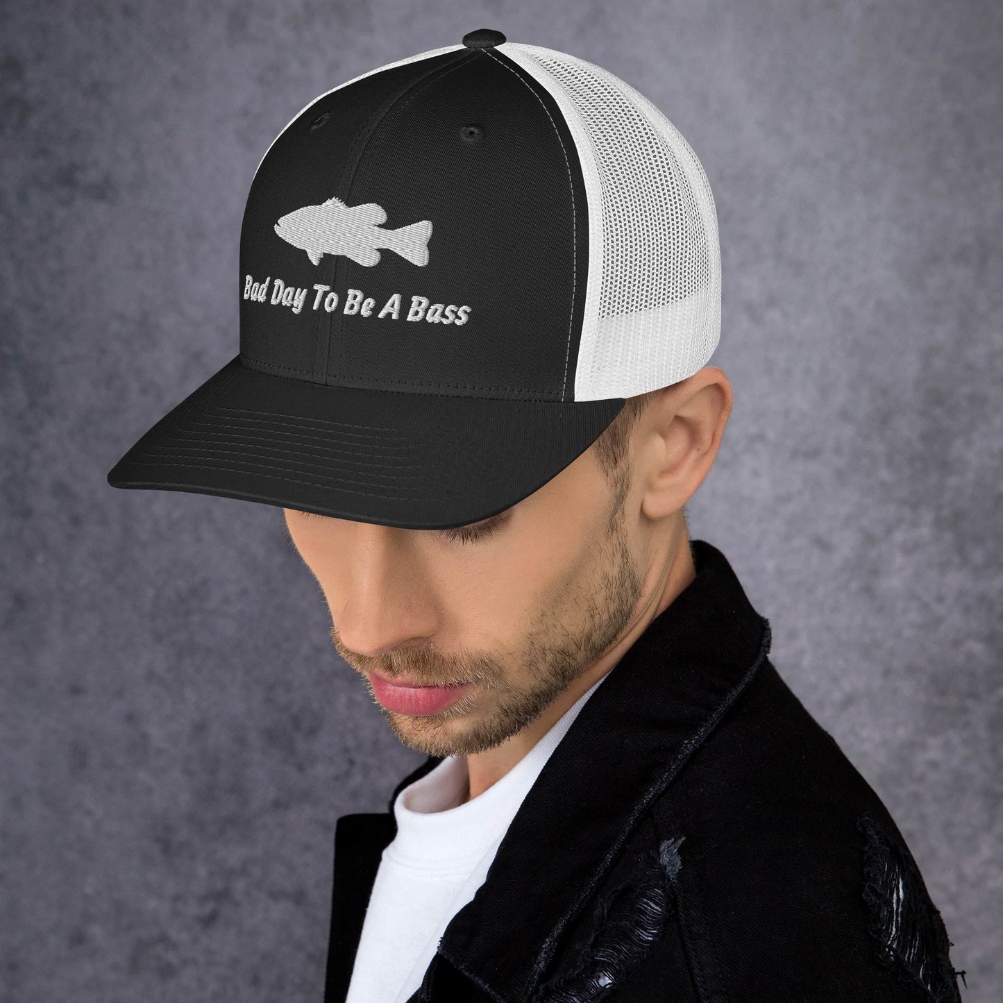 Bad Day To Be A Bass Trucker Cap (Black and White)